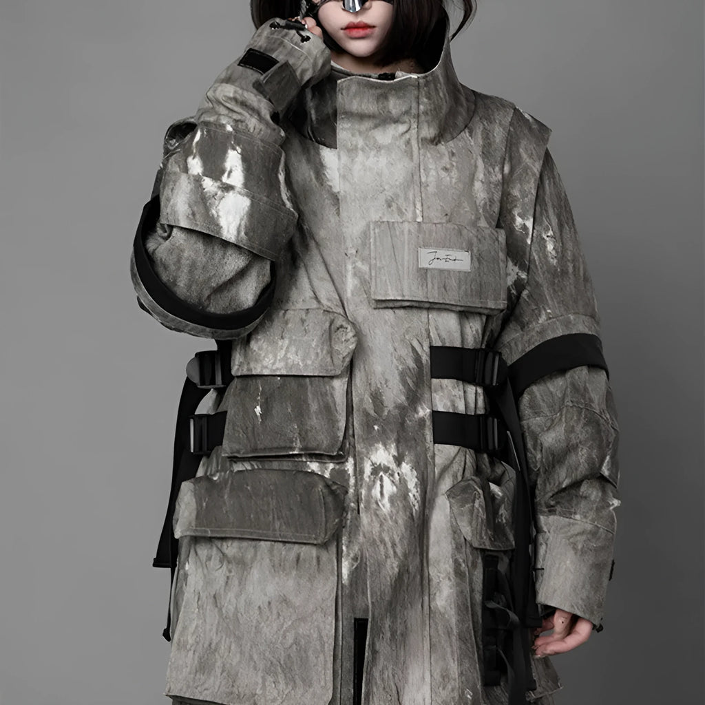 Loose fit camouflage jacket in grey, standing collar, long sleeves, multi pockets, polyester fabric