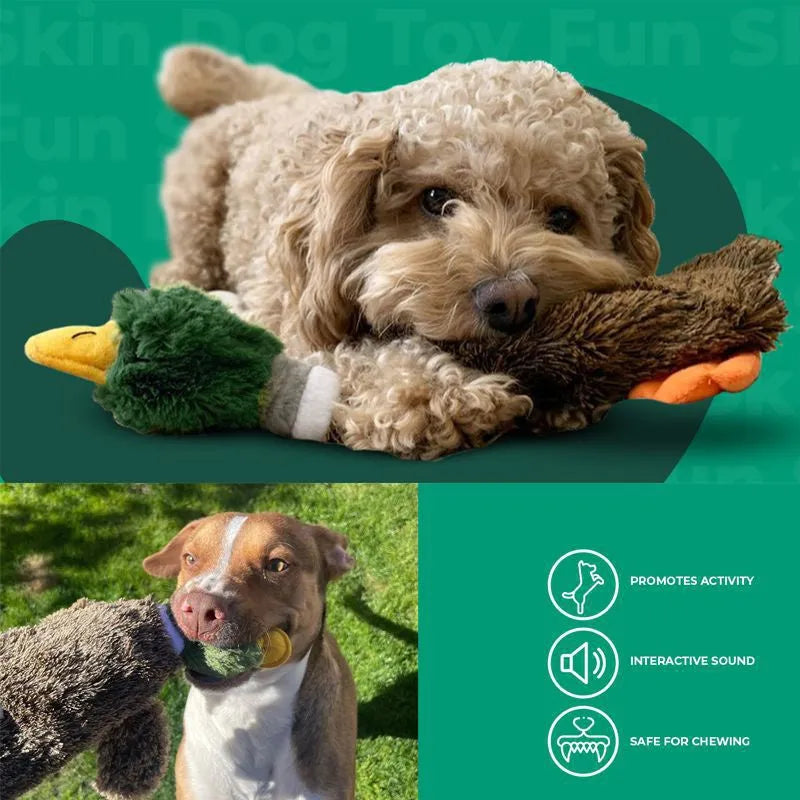 Green Wild Duck stuffless dog toy with squeakers, showing bottom fasteners for bottle insertion.