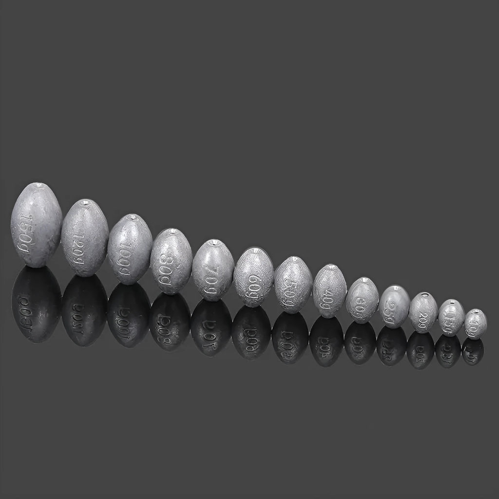Rugby-shaped olive fishing lead sinker with scale tongxin and plastic core, weights from 10g to 150g.