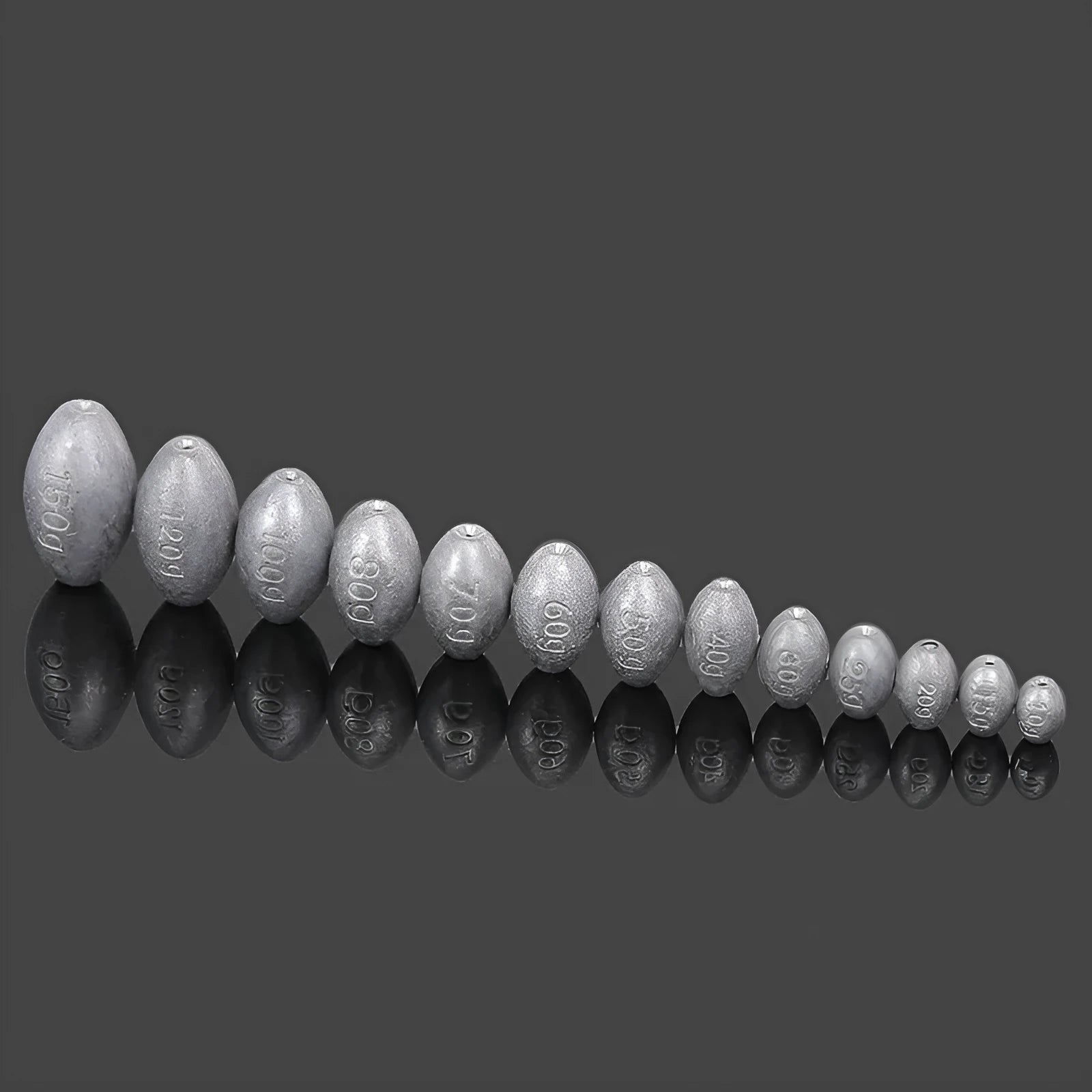 Rugby-shaped olive fishing lead sinker with scale tongxin and plastic core, weights from 10g to 150g.