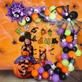 Halloween spider balloon arch decoration set with white and black latex balloons showing skull, pumpkin, and spider designs