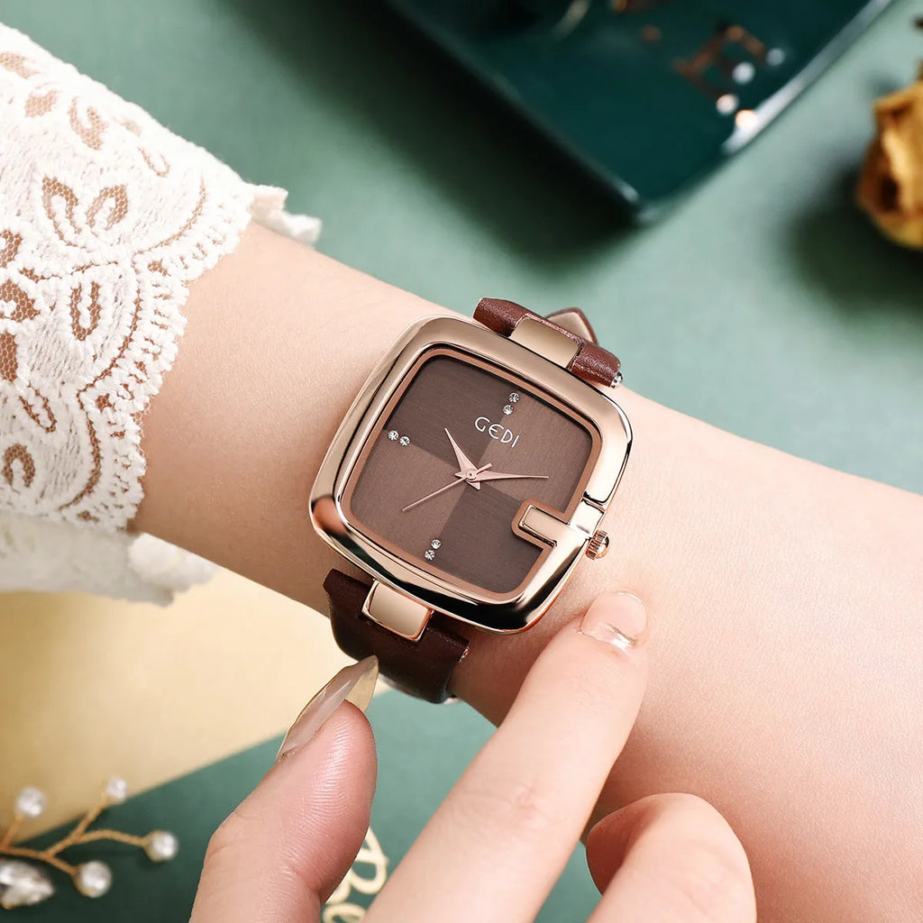 Women's leather strap quartz watch with 36mm dial and hardened glass in multiple colours