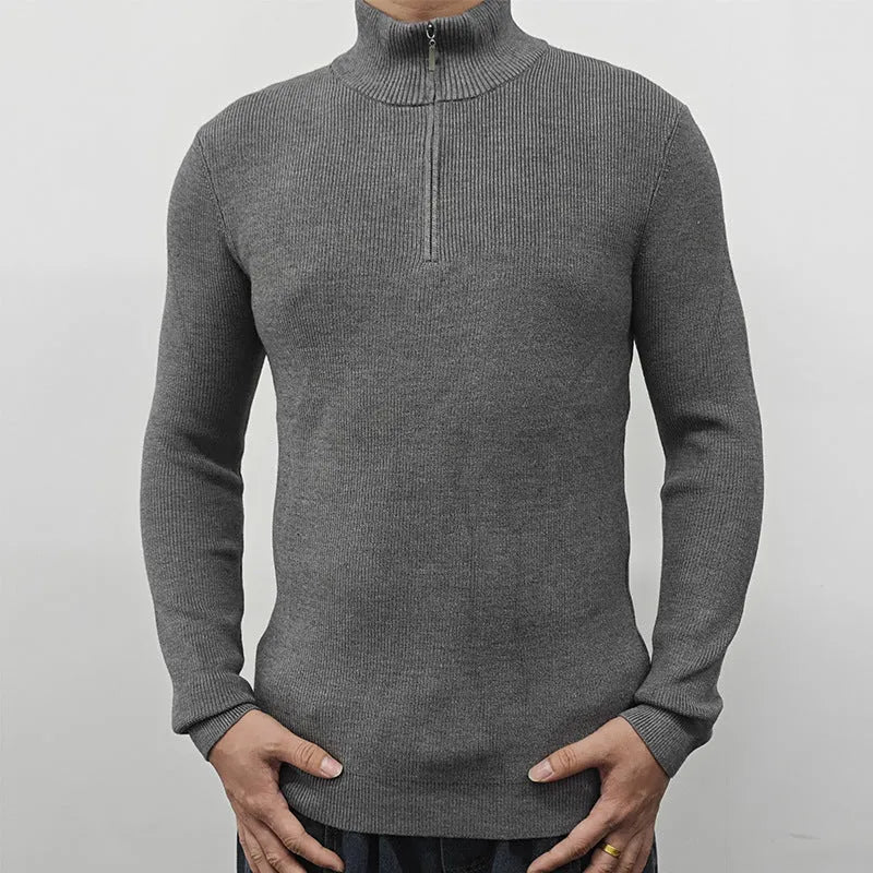Men's half-turtleneck zip-up sweater in cotton blend fabric with front zipper and long sleeves