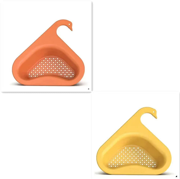 Yellow hanging swan drain basket made of plastic, fitted on a kitchen sink edge with space for vegetables and utensils