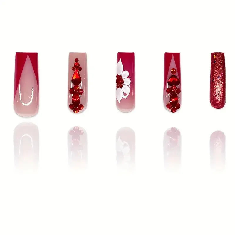 Sweet Flowers Temperament removable fake nails with floral patterns and red diamond accents
