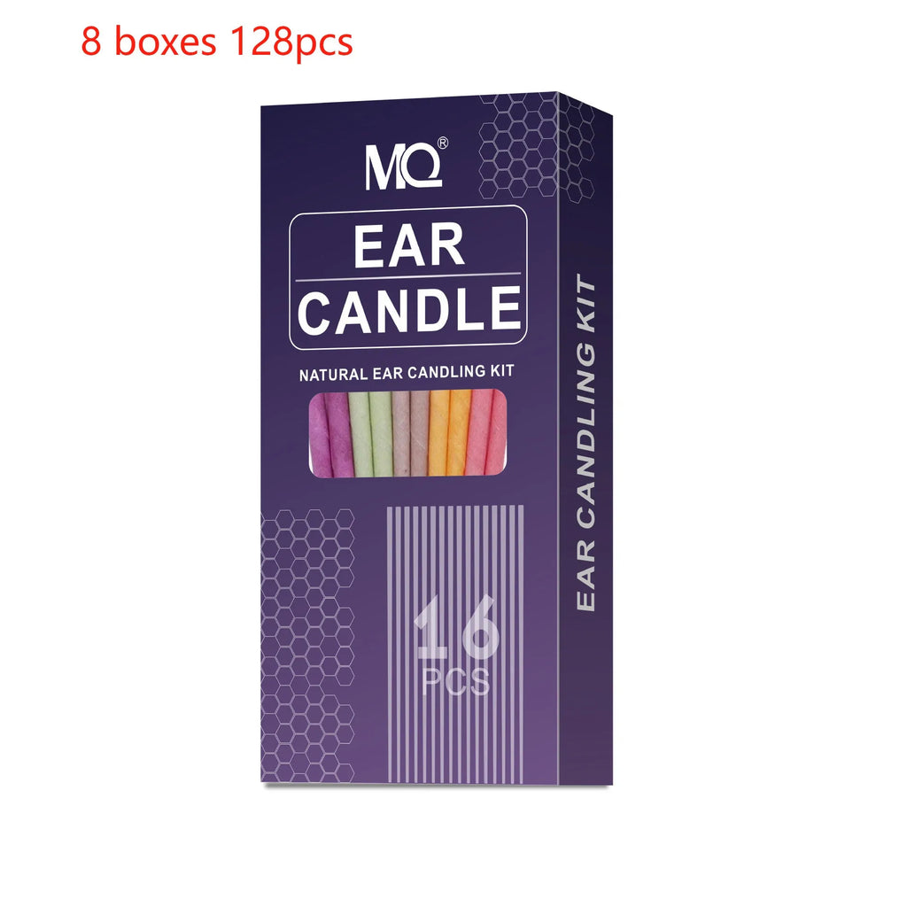 Ear candling kit showing assorted coloured candles, protection boards, and cotton swabs.