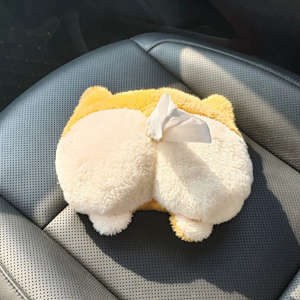 Yellow soft plush corgi butt shaped tissue box cover with elastic strap for car or home.