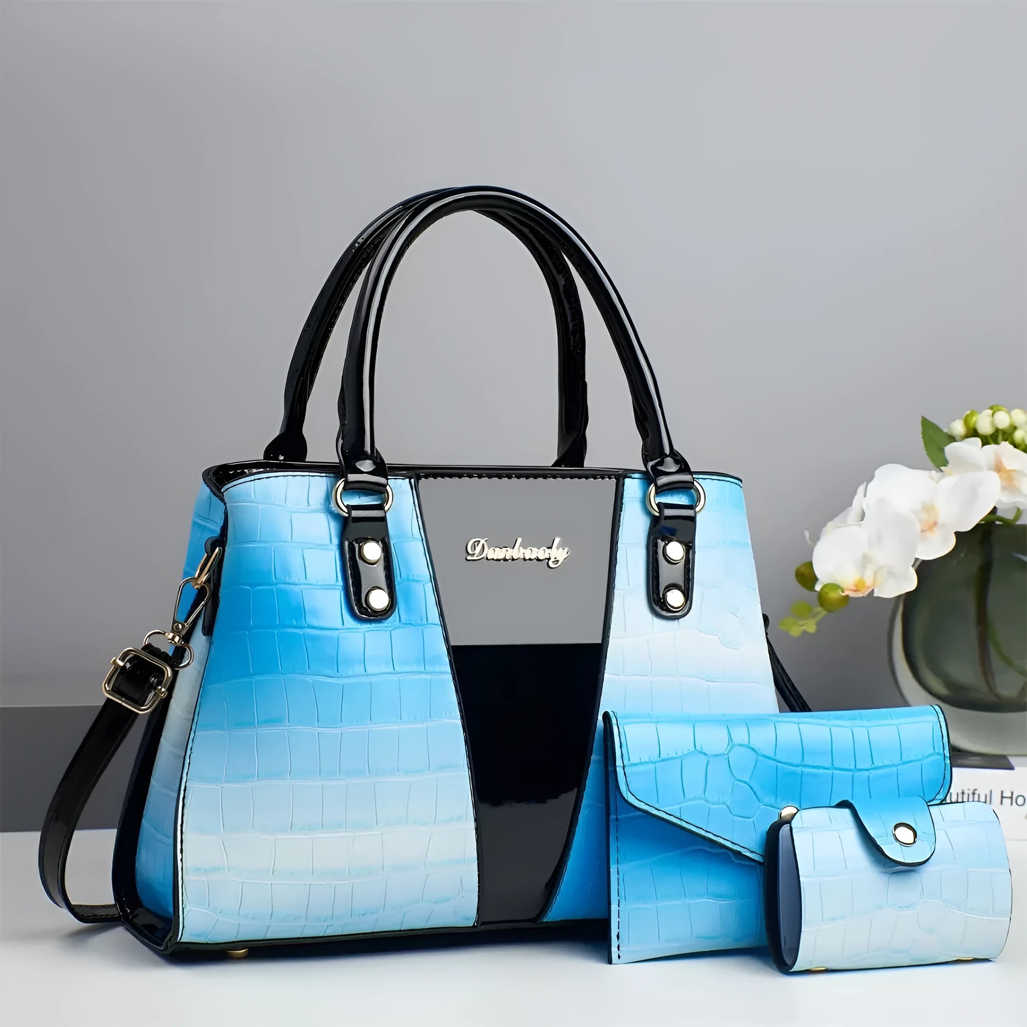 Women's crocodile stitch texture three-piece shoulder bag set in six colour options showing main bag and two smaller organisers