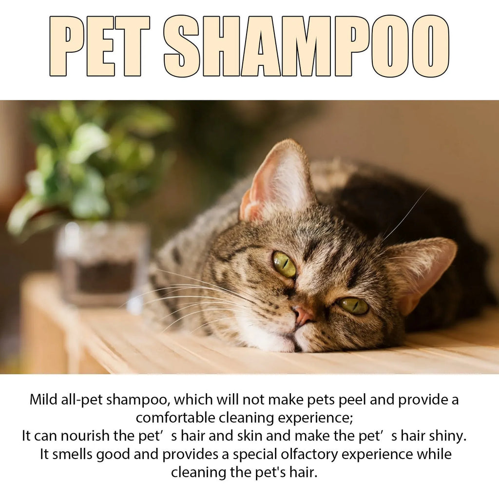A bottle of mild pet shampoo for dogs and cats, available in 100ml and 300ml sizes.