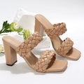 Women's apricot square toe flip-flops with woven twisted strap and chunky rubber sole