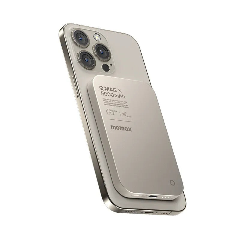 Magnetic wireless power bank with alloy shell in titanium gold or black colour.