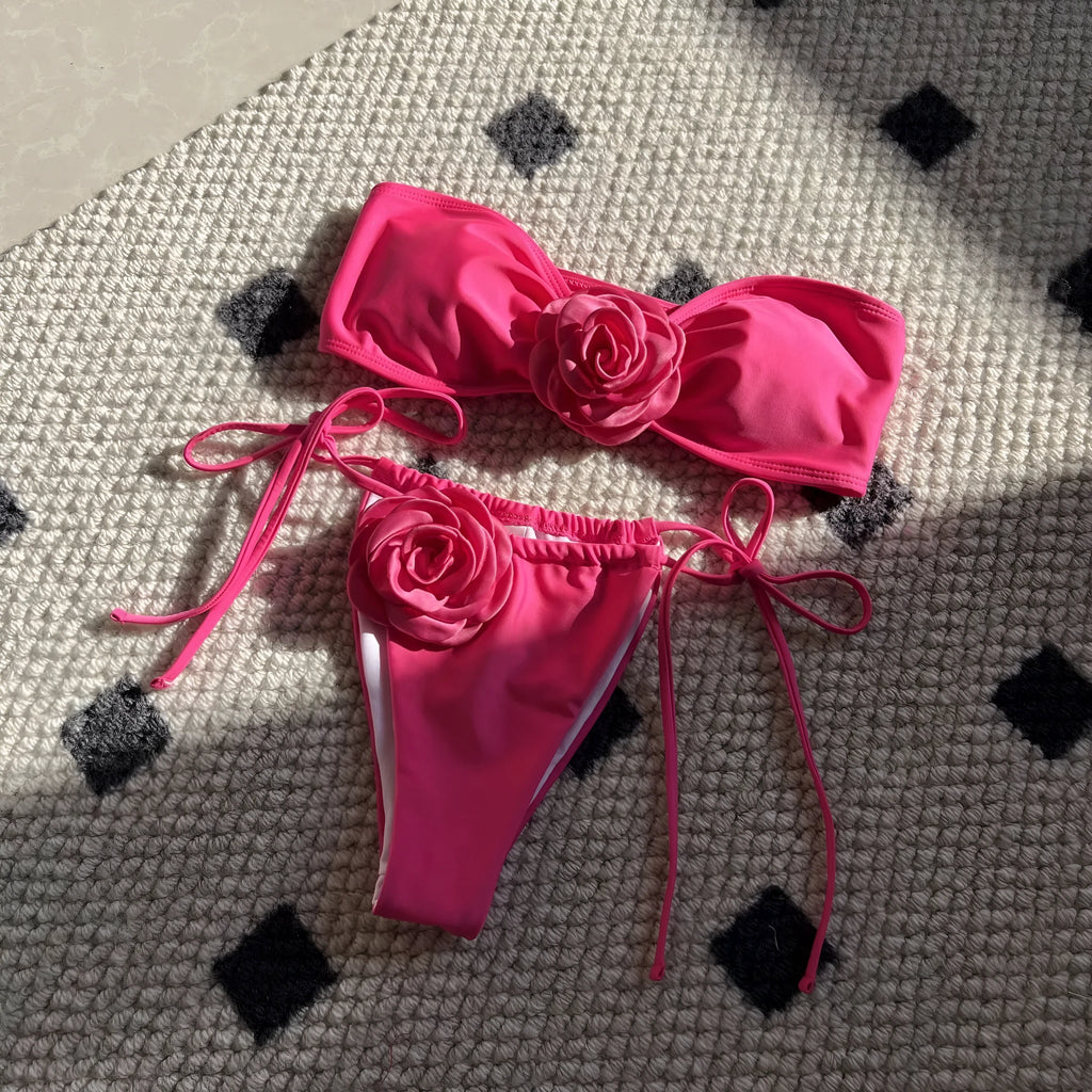 Women's solid colour drawstring tube top and bikini brief swimsuit set on a mannequin.