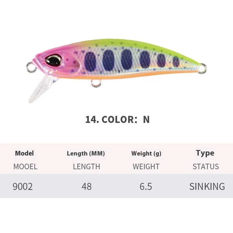 48mm submerged mino fishing lure for mandarin fish and snakehead in various colours
