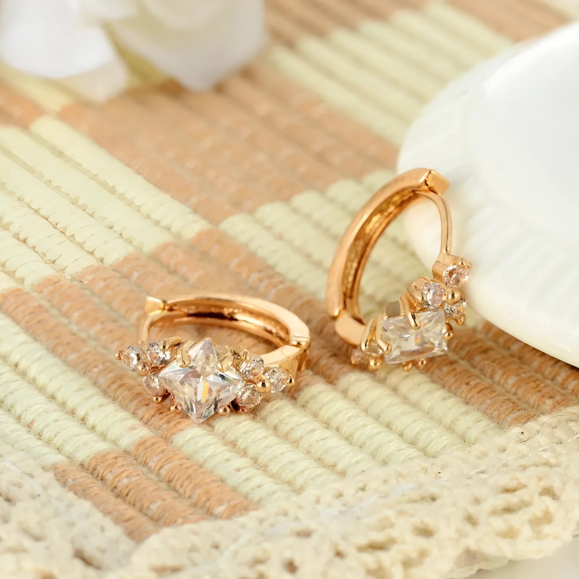 Geometric square zircon earrings for women in copper, gold colour option, 1.8 cm length