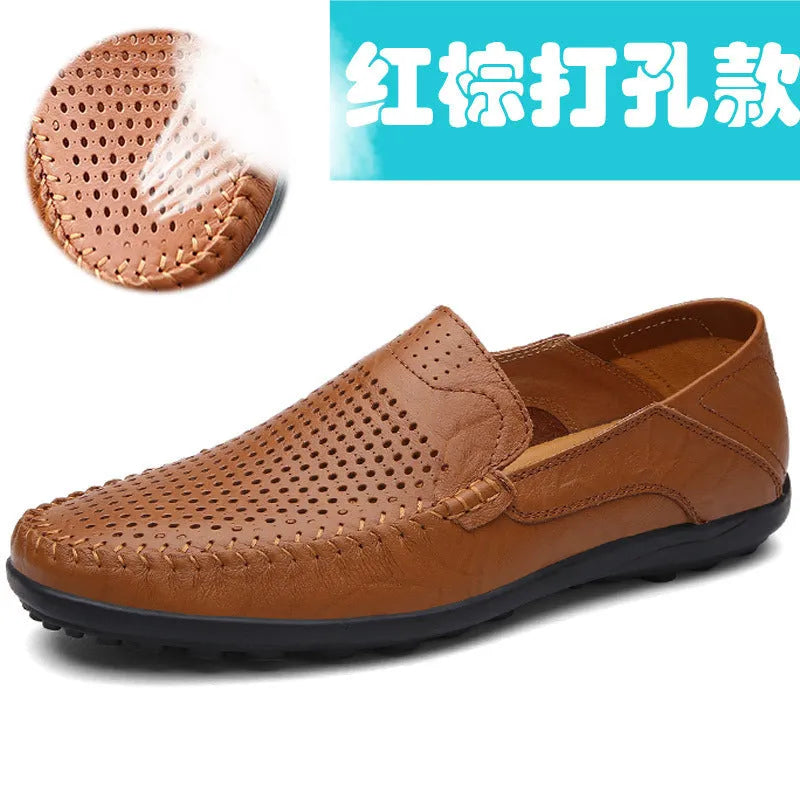 Men's brown leather business casual shoes with round toe and flat heel design