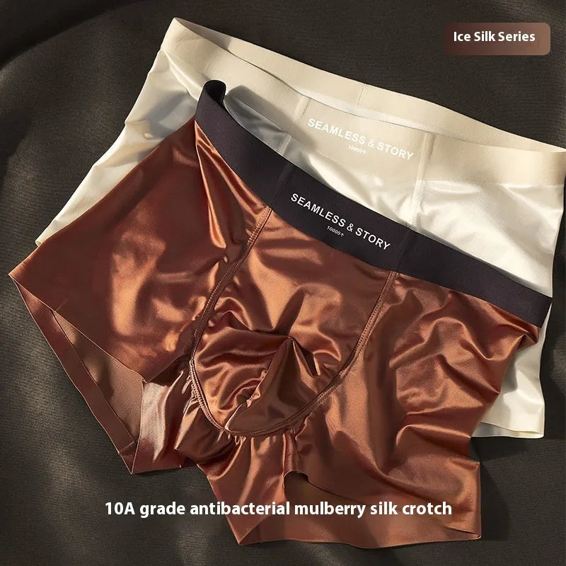 Men's satin ice silk underwear in mid waist design showing traceless construction