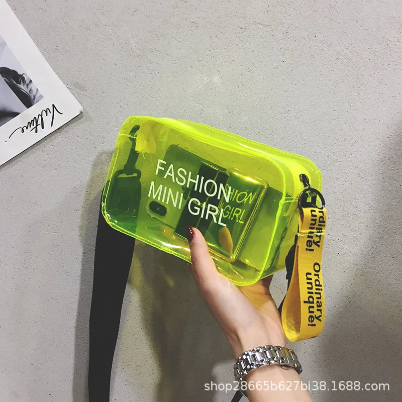 Clear square jelly shoulder bag with adjustable strap in various colours on a white background.