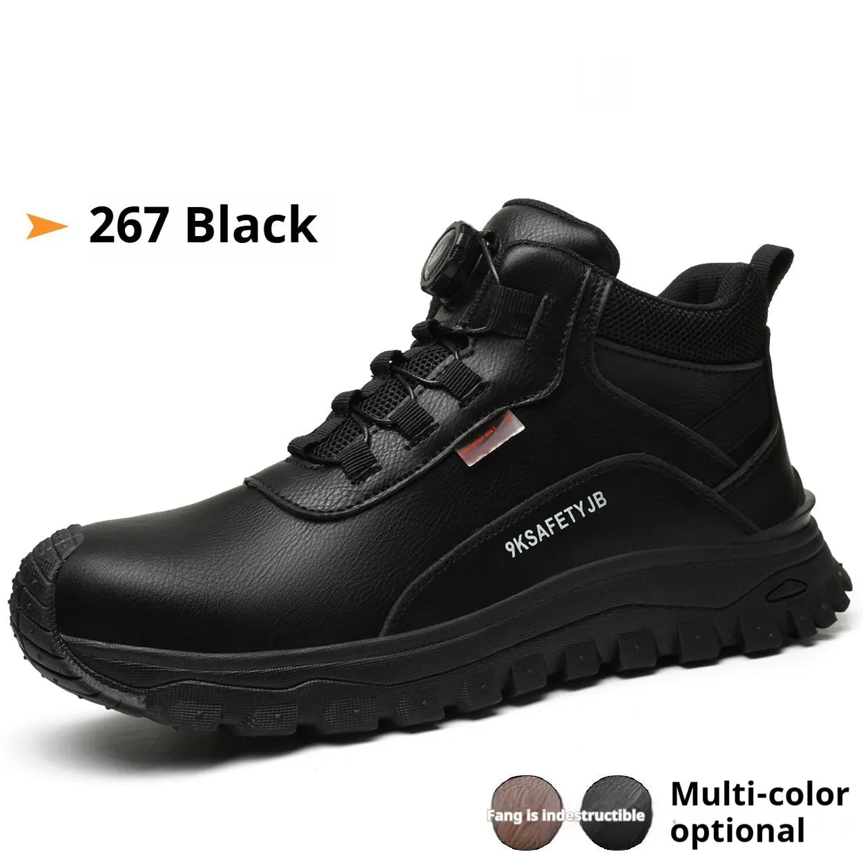 Men's leather work shoes with rubber sole in black colour showing front and side views