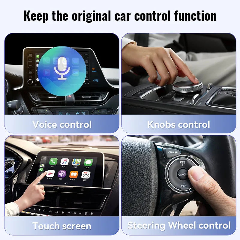 Small black wireless CarPlay USB adapter with compact rectangular design.