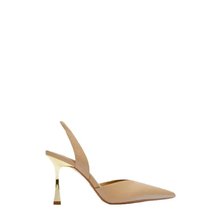 Women's nude patent leather pointed high heels in black and apricot colours with shallow mouth design