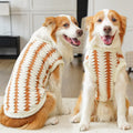 Golden Retriever wearing caramel polyester fleece pet coat with casual fit and visible chest measurement label