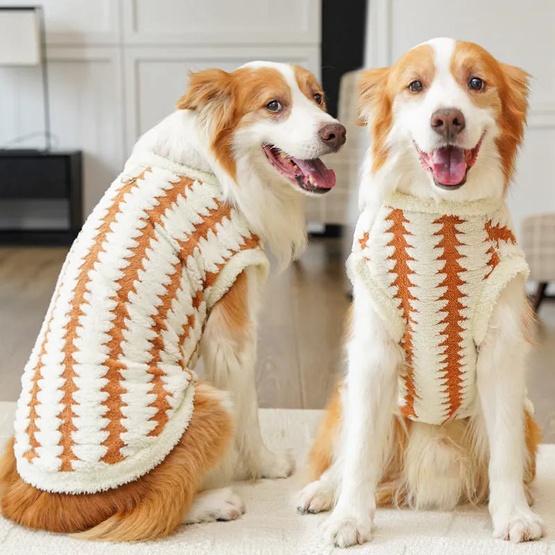 Golden Retriever wearing caramel polyester fleece pet coat with casual fit and visible chest measurement label