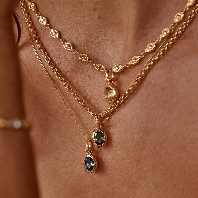 Stainless steel birthstone necklace with moon stone love pendant on copper O-ring chain, electroplated finish, geometric shape