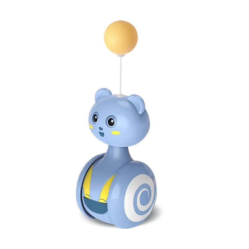 Blue interactive cat toy with rotating ball and feather wand elements for play