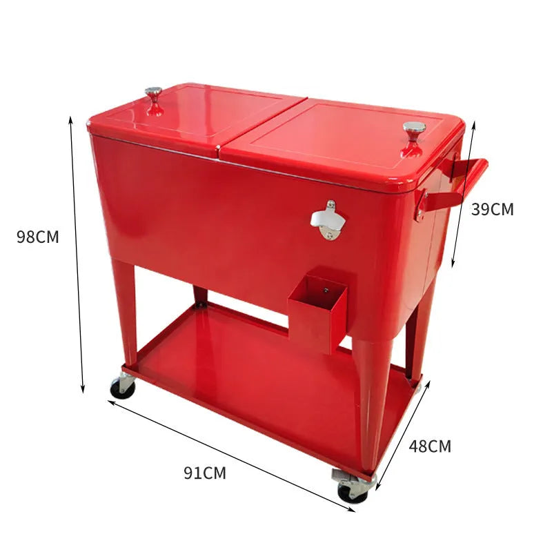 Red insulated outdoor trolley with wheels and 750ml capacity for picnics