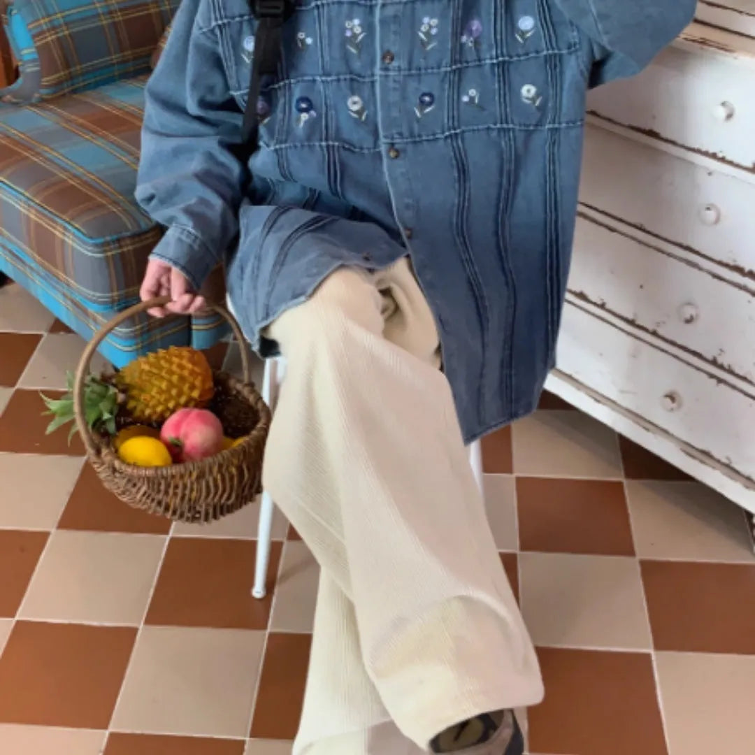 Vintage washed blue denim long sleeve shirt with small floral pleated design