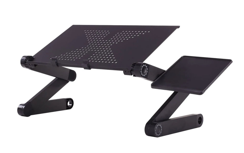 Black vertical folding metal laptop desk with ventilated surface and adjustable height showing legs extended