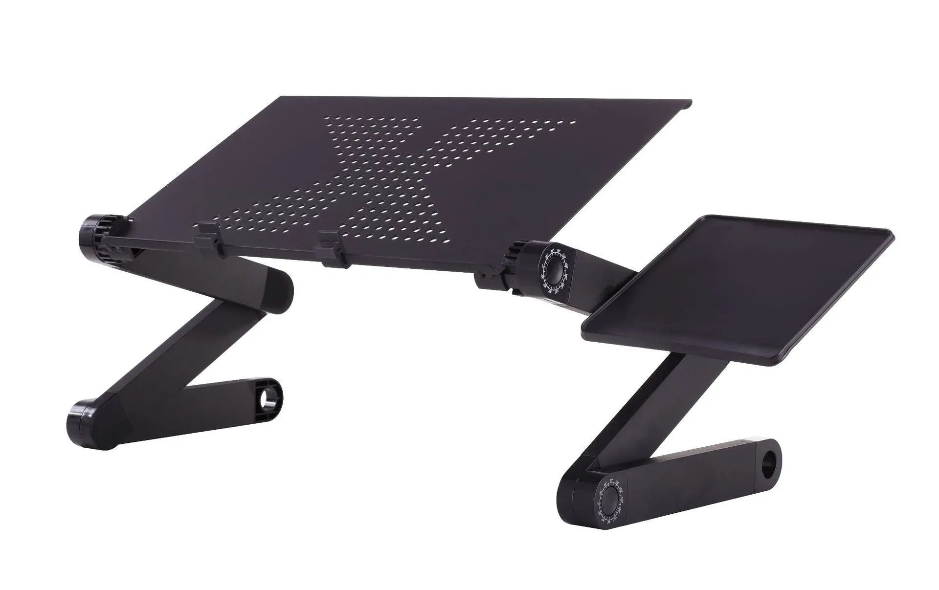 Black vertical folding metal laptop desk with ventilated surface and adjustable height showing legs extended