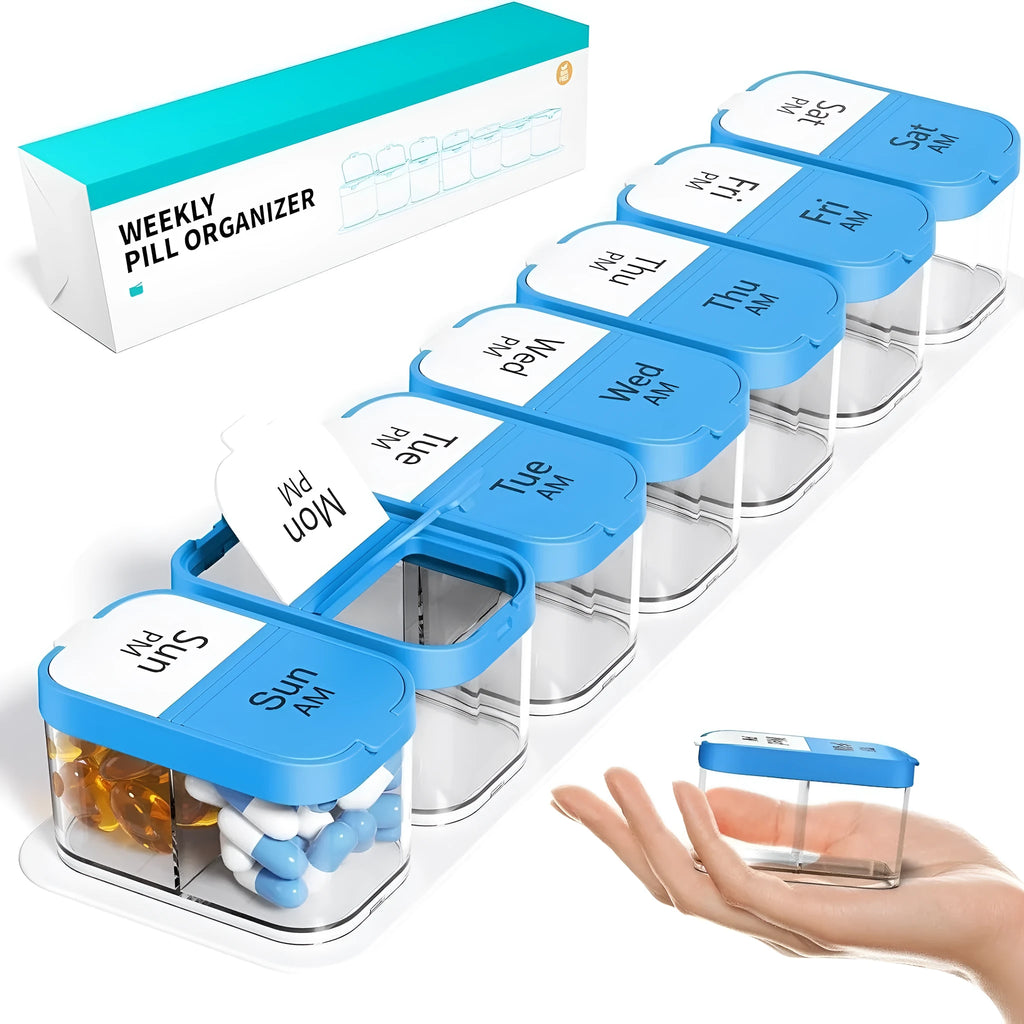 Portable 14-compartment pill box dispenser with removable sections in white or rainbow colours