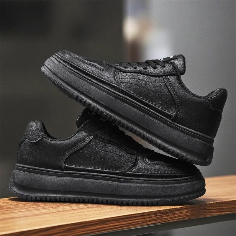 Leather British retro men's casual shoes in black, gray, and khaki with low heel thick sole