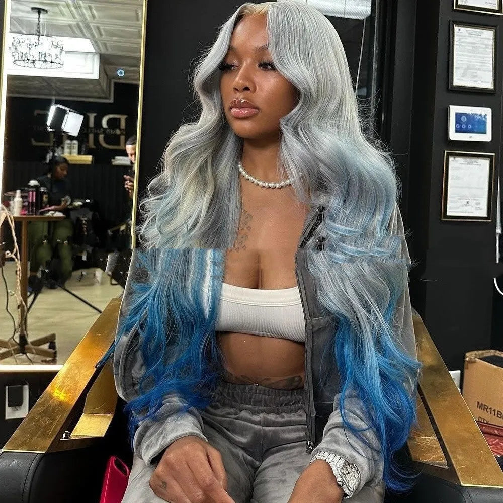 Gradient grey blue human hair lace front wig with 4x4 construction showing colour blend