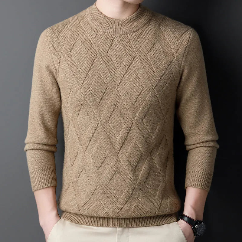 Men's diamond jacquard wool blend winter sweater in light camel colour on a hanger