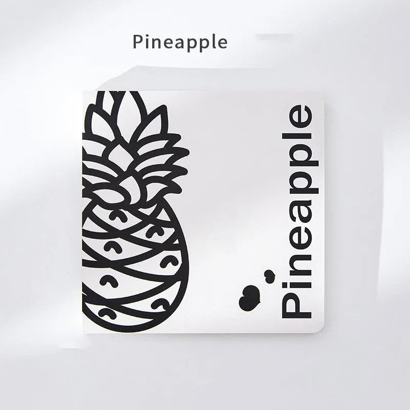 Square fruit design notebook showing embossed pineapple, blueberry, grape, and peach cover options.
