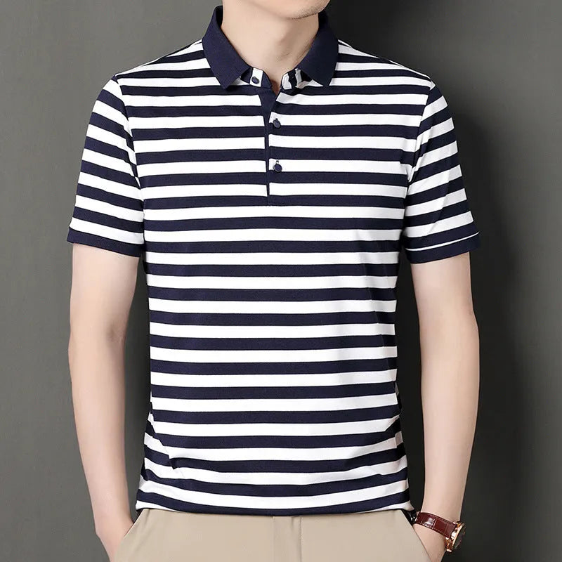Men's striped short-sleeved pullover t-shirt in blue, straight fit, polyester blend, size M to 4XL