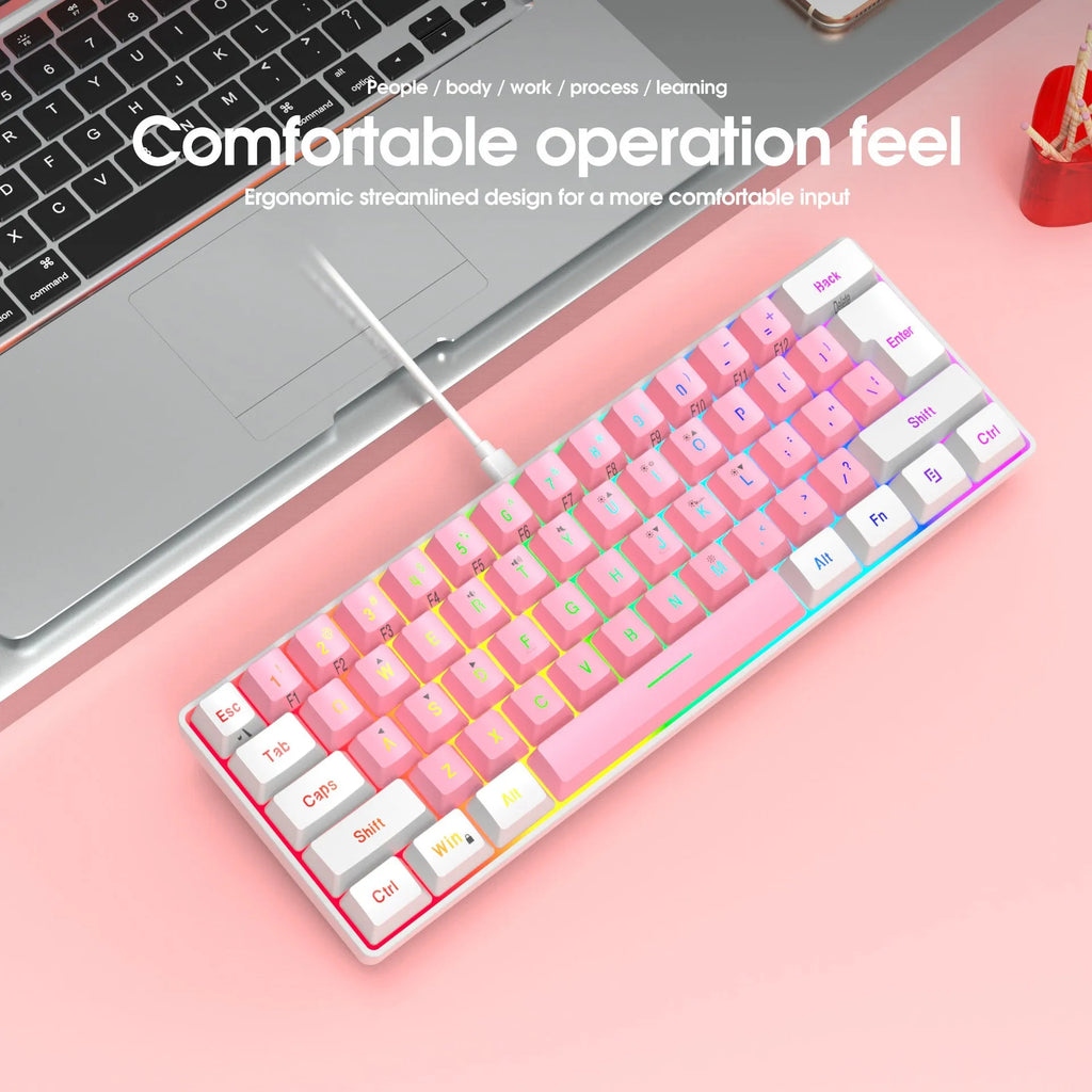 Simple wired white and black 61-key membrane keyboard with a USB cable on a desk