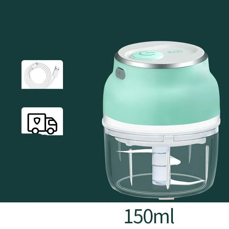Green portable electric mini garlic cutter masher with transparent cup and USB cable, 150ml capacity on white background