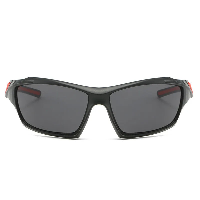 Men's unisex sports sunglasses with PC full rim frame in black and grey colour options on white background