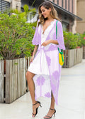Light purple cotton women's beach dress with lace embroidery detail.