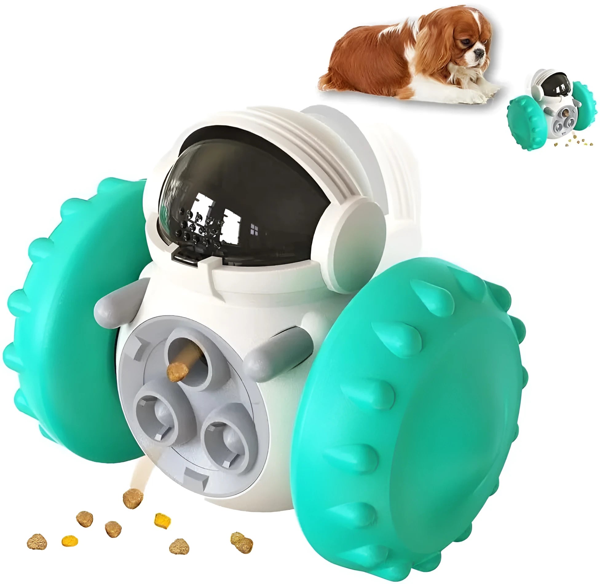 Self-balancing roller dog treat puzzle toy for small dogs and cats in assorted colours.