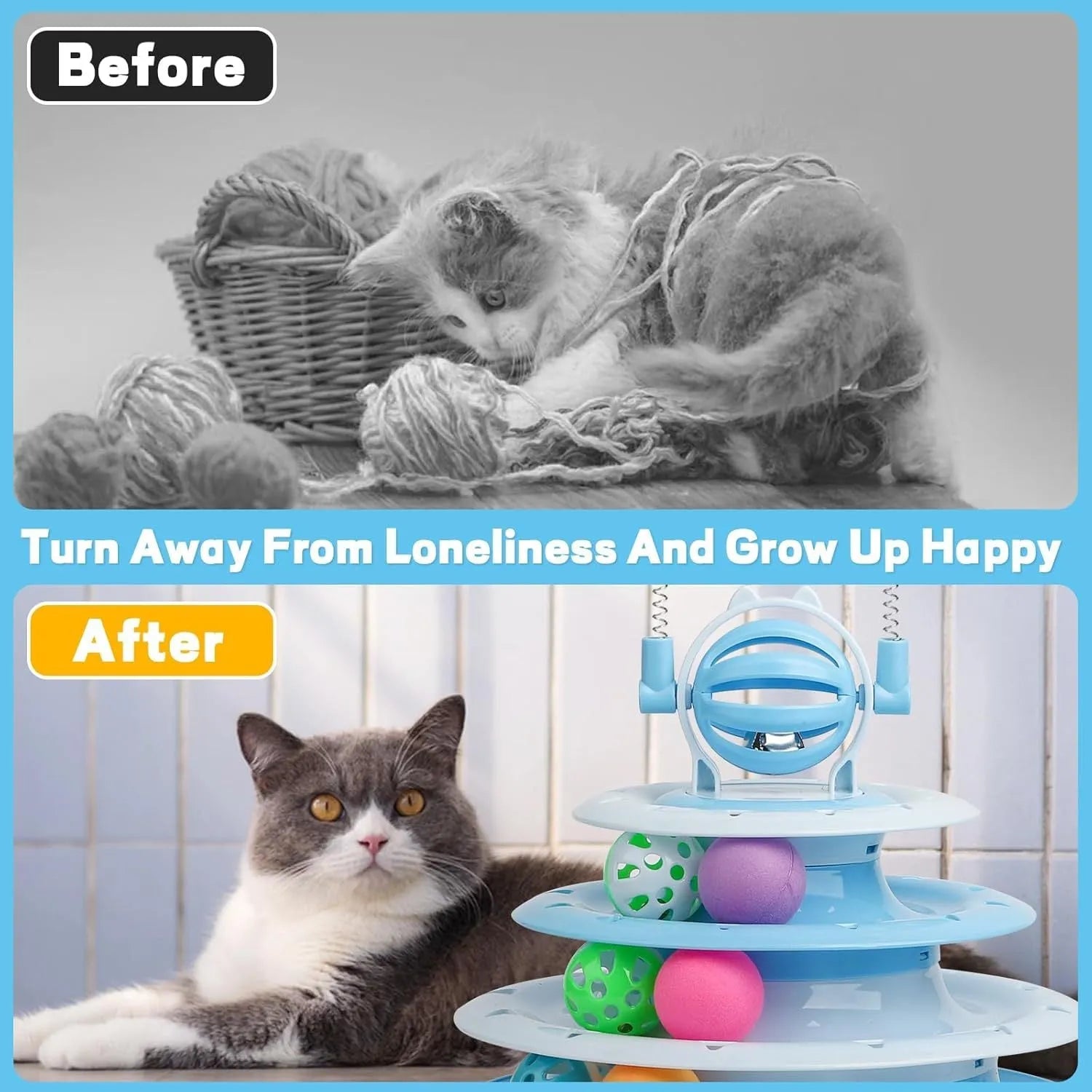 Blue 4-tier interactive cat puzzle toy with balls and teasing rods on a table.