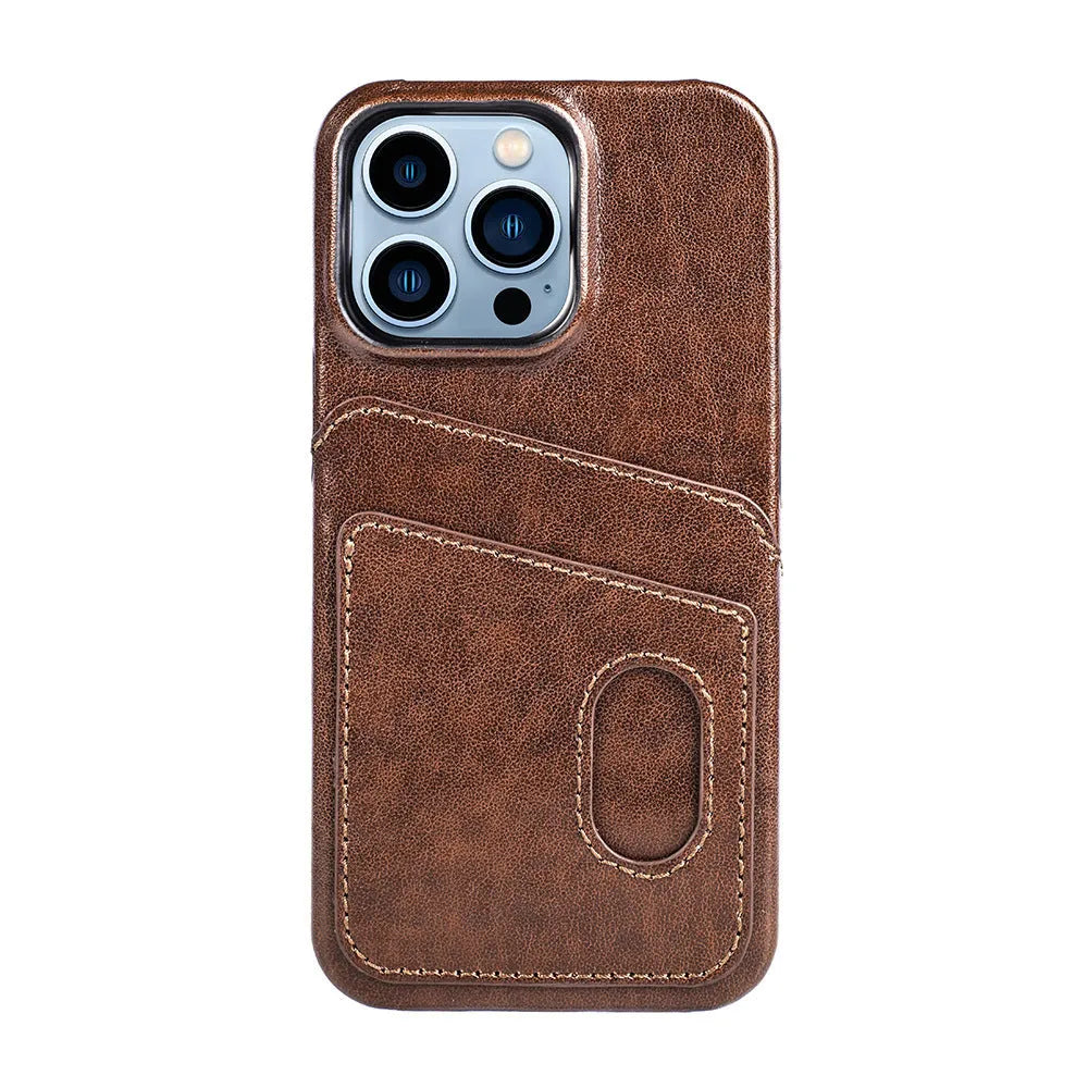 Flip PU leather phone case for iPhone showing card slot and folio cover in brown