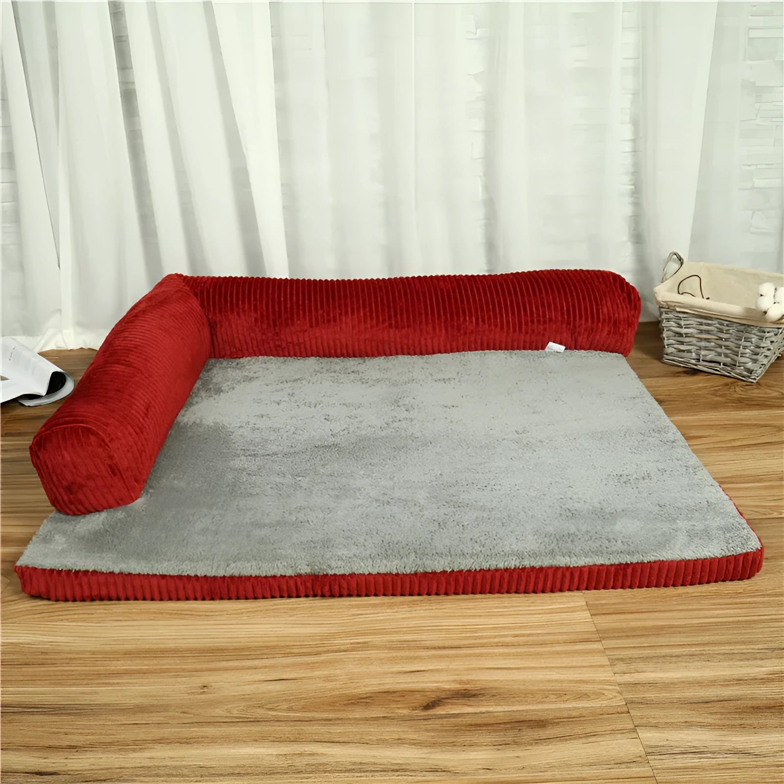 Corduroy pet sofa dog bed with raised edges in coffee colour showing reversible bilateral design