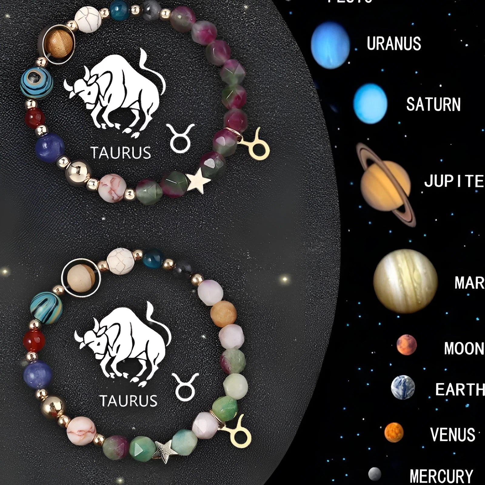 Natural stone beaded bracelets showing zodiac sign designs for complete astrological collection