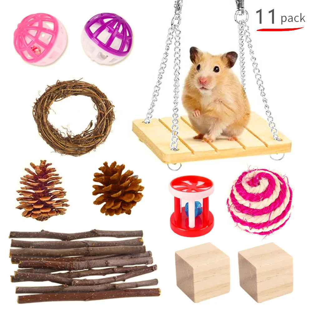 Wooden pet toy set with molar stick, straw mattress and woven balls for rabbits, guinea pigs and parrots