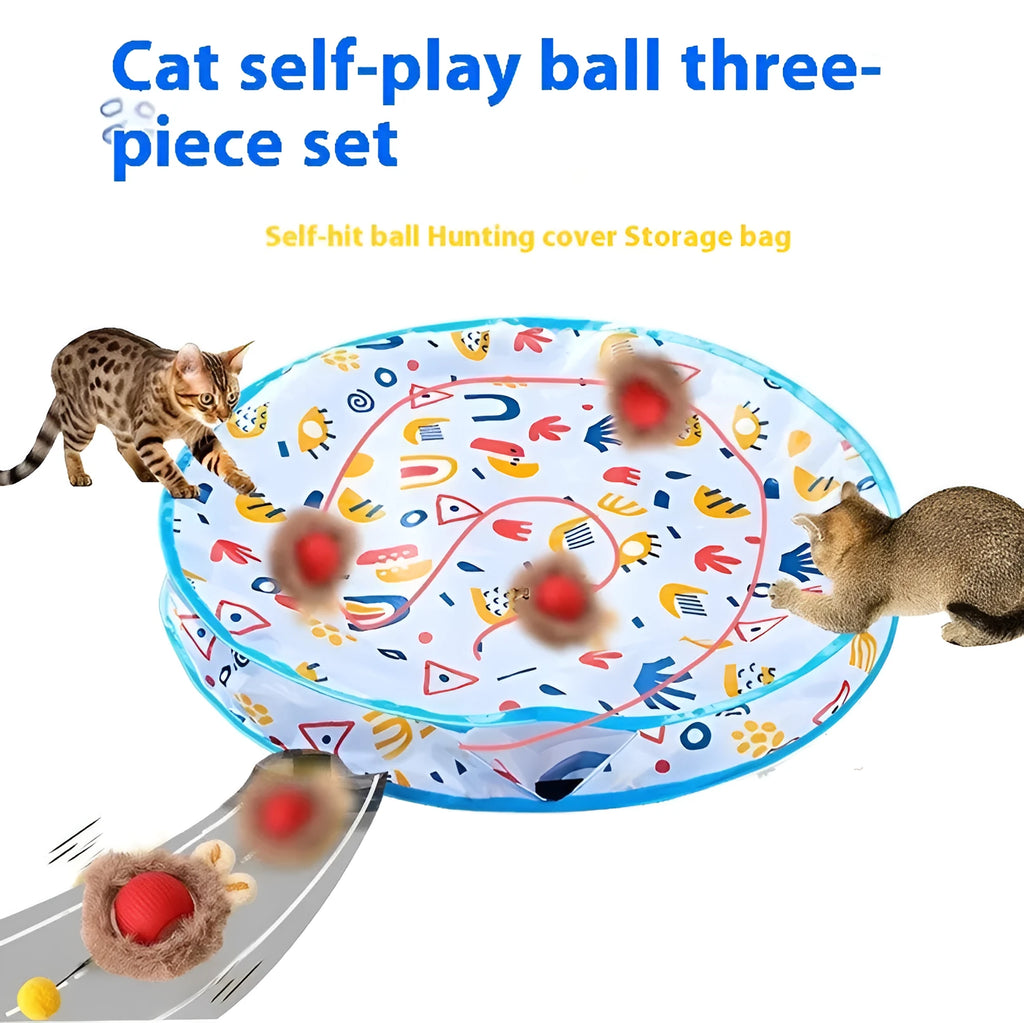 Three-piece cat toy set with round double-layer hunting cover, self fun ball, and canvas storage bag