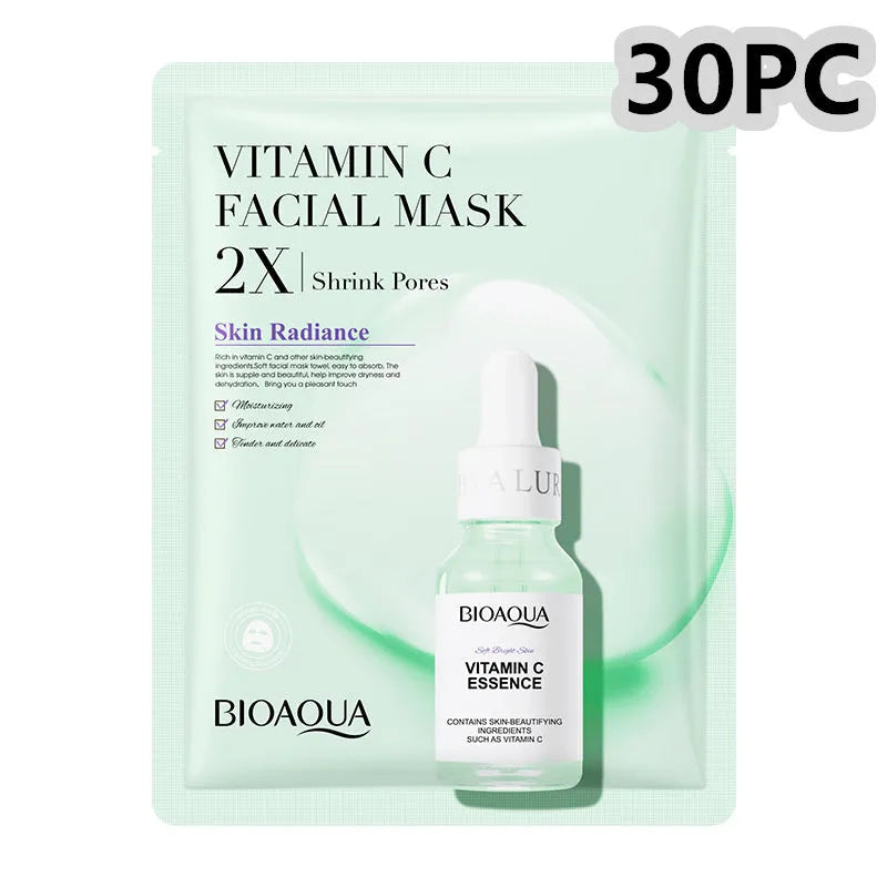 Single sheet of a white collagen face mask and a multi-pack box of 30g facial sheet masks.